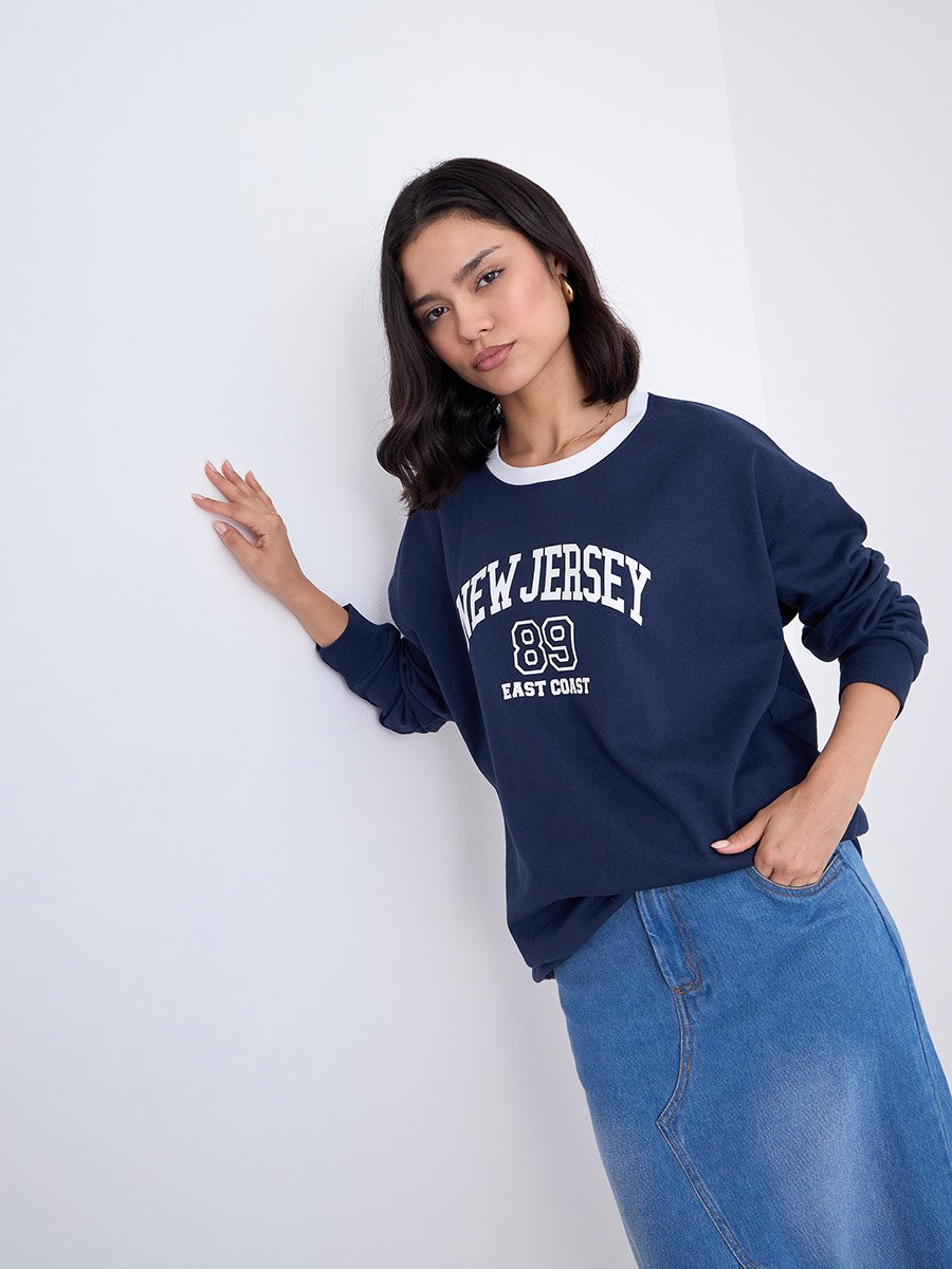 Women Navy New Jersey Print Sweatshirt