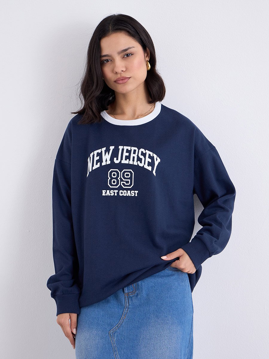 Women Navy New Jersey Print Sweatshirt
