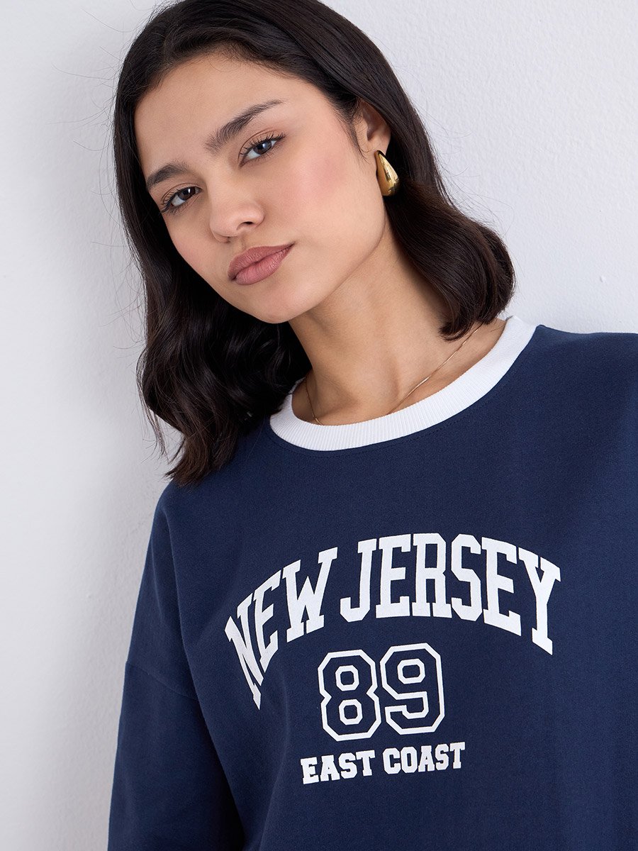 Women Navy New Jersey Print Sweatshirt