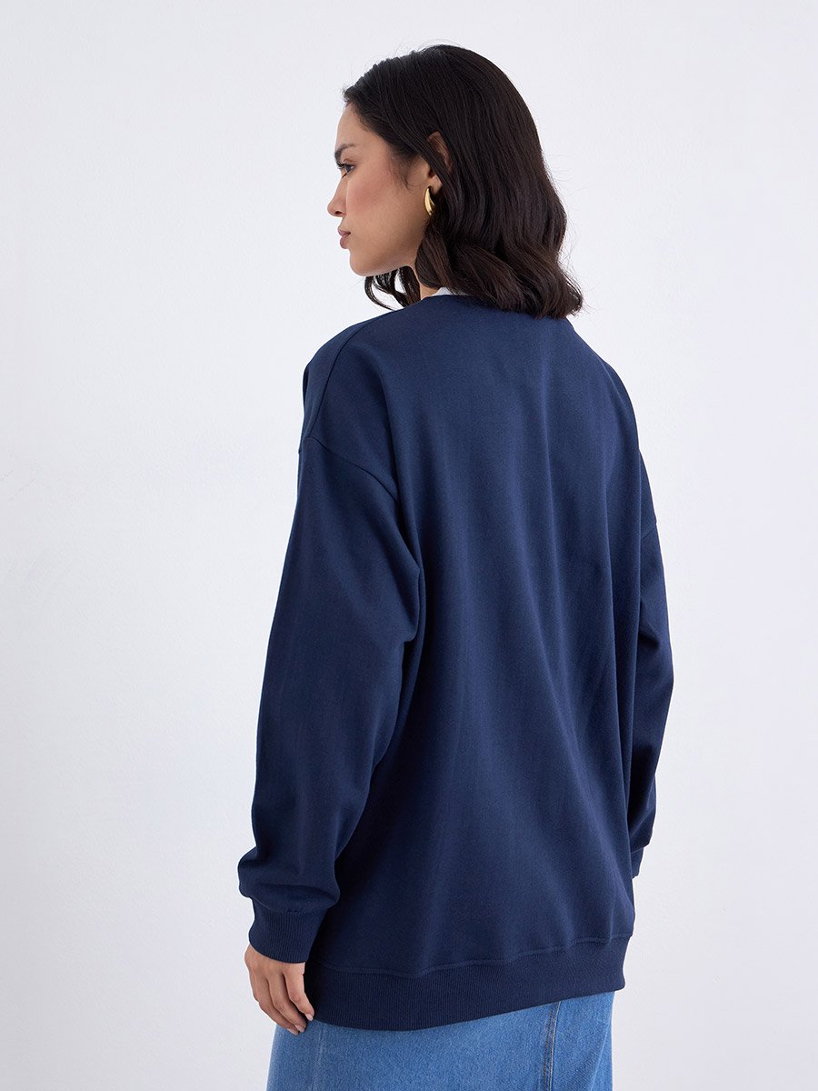 Women Navy New Jersey Print Sweatshirt