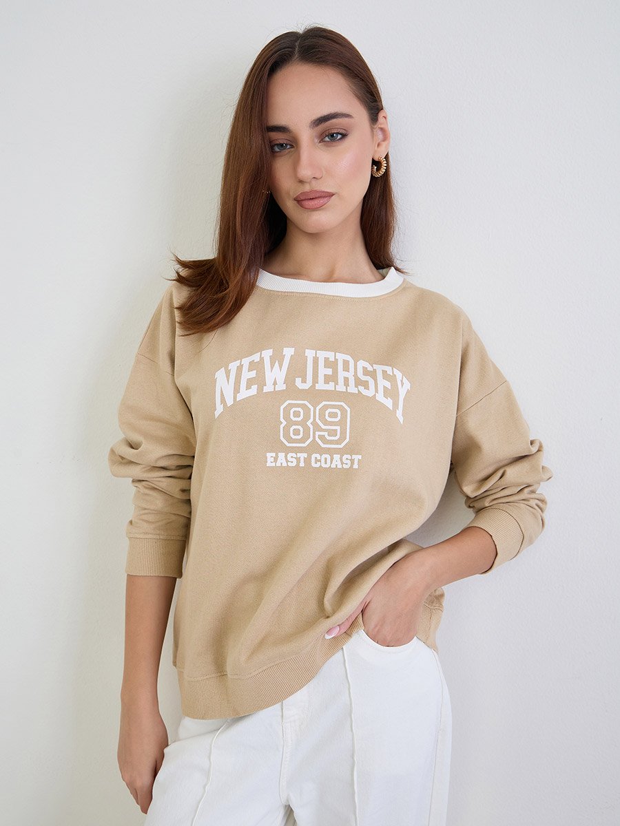 Tan Graphic Print Oversized Sweatshirt
