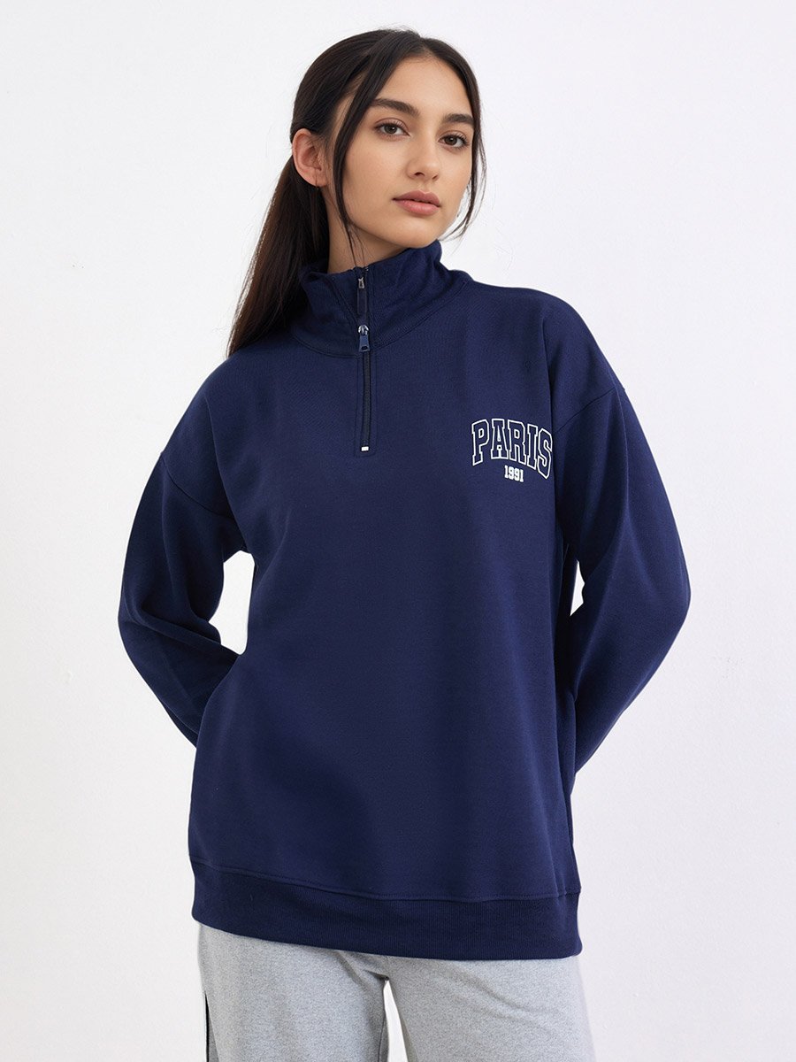 Navy Blue Paris Print Longline Sweatshirt