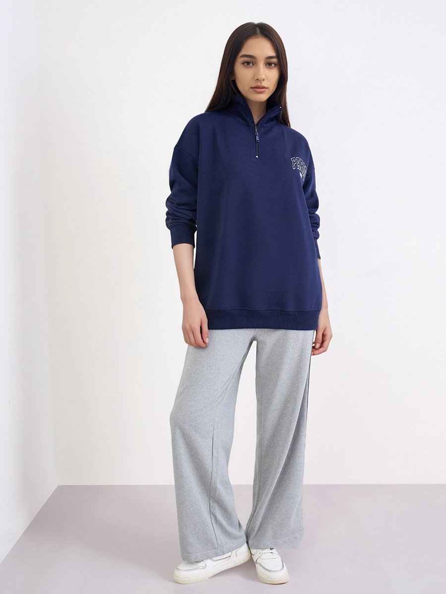 Navy Blue Paris Print Longline Sweatshirt