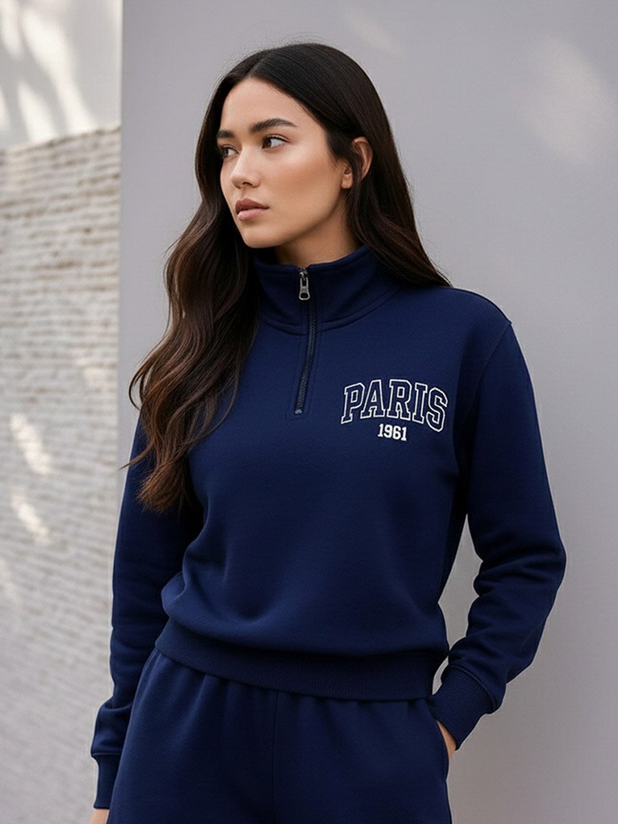 Navy Blue Paris Print Longline Sweatshirt