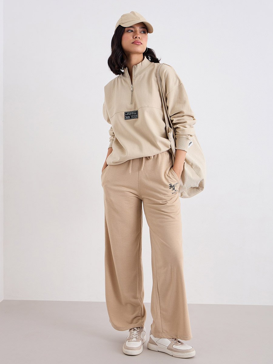 Beige Longline Sweatshirt with Badge Detail