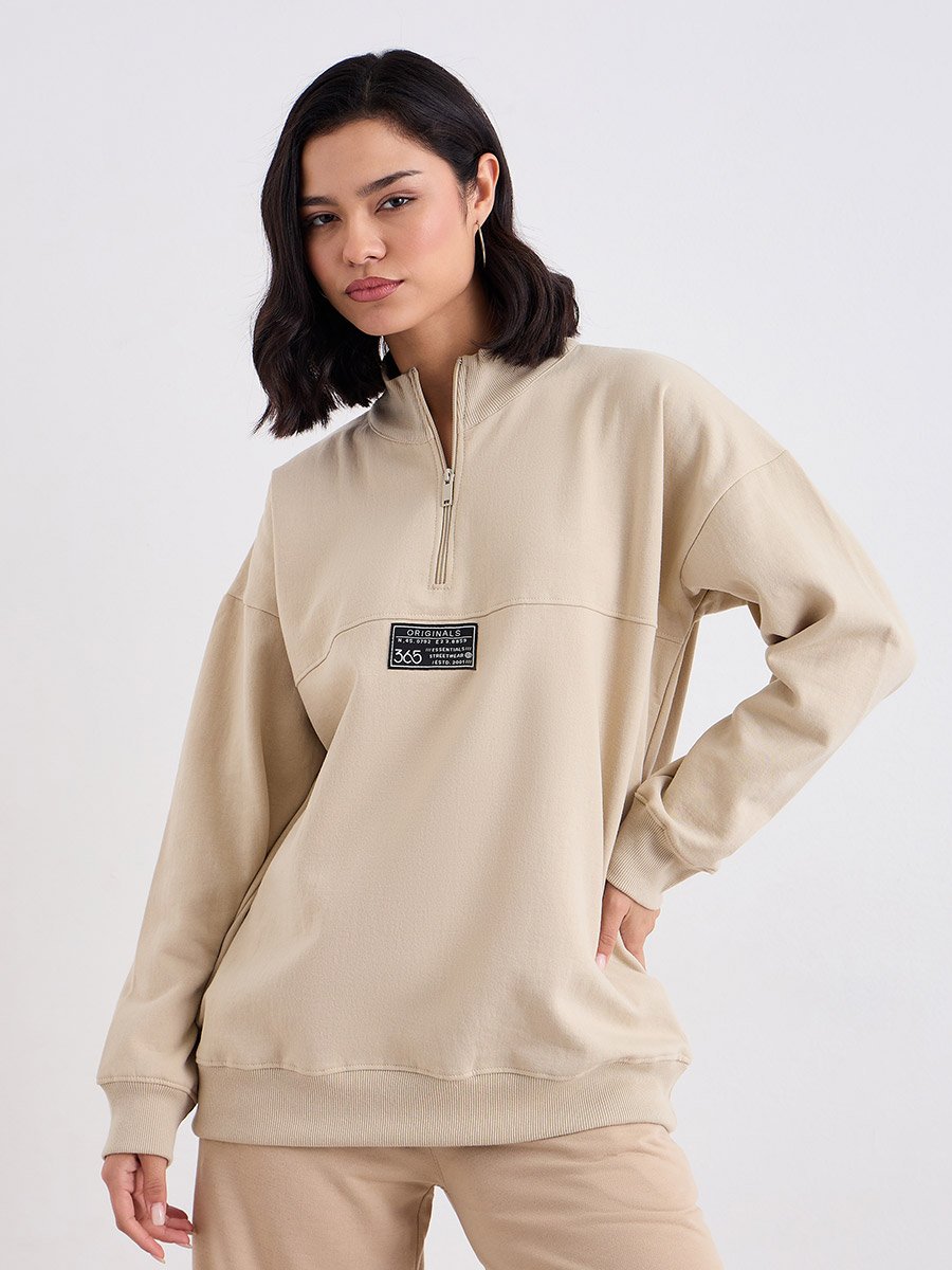 Beige Longline Sweatshirt with Badge Detail