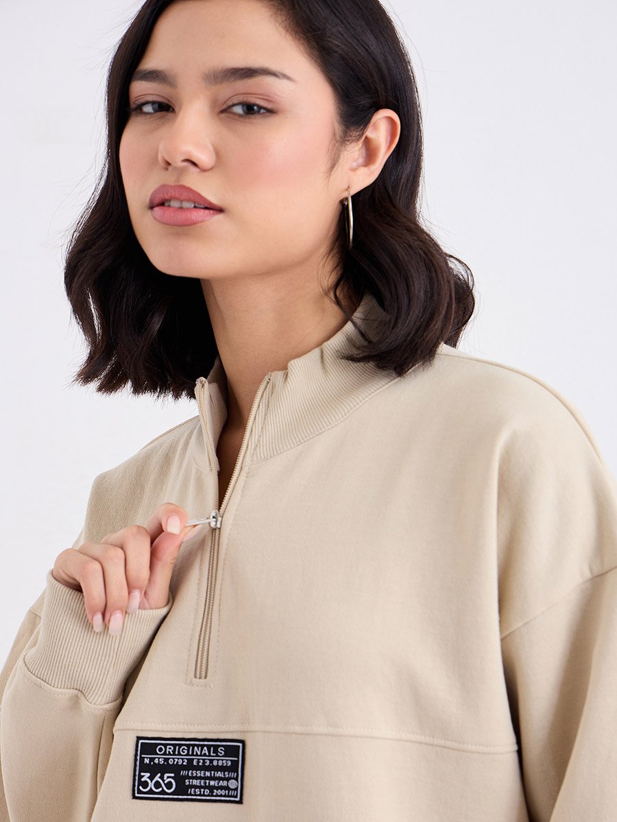 Beige Longline Sweatshirt with Badge Detail