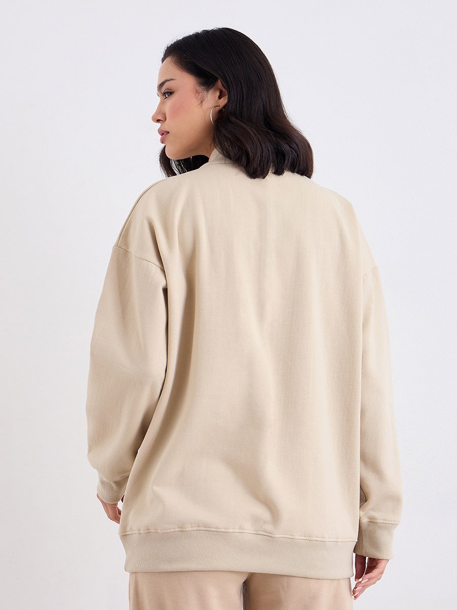 Beige Longline Sweatshirt with Badge Detail