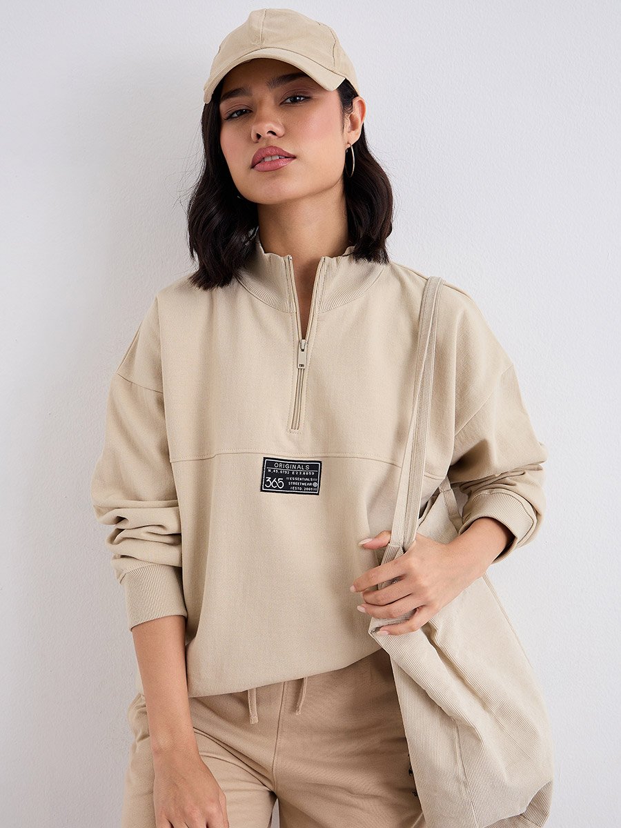 Beige Longline Sweatshirt with Badge Detail