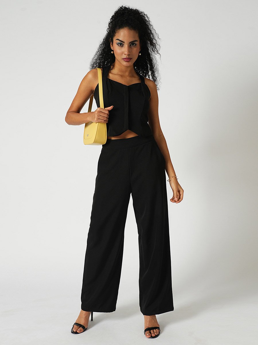 Women Black Cross Strap Back Crop Top and Trousers Co-Ords