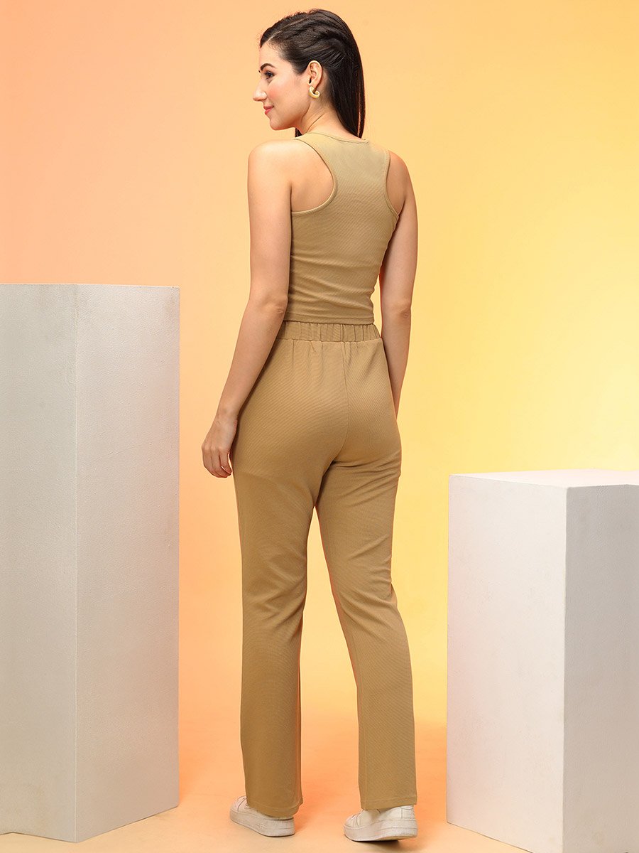 Women Brown Sleeveless Crop Top and Trousers Co-Ords