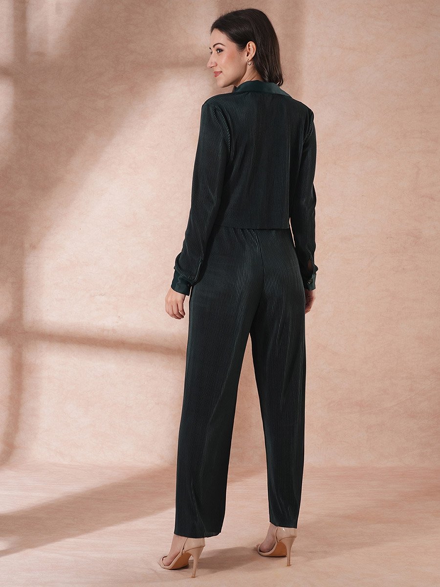 Women Green Pleated Cinch Waist Shirt and Trousers Co-Ords