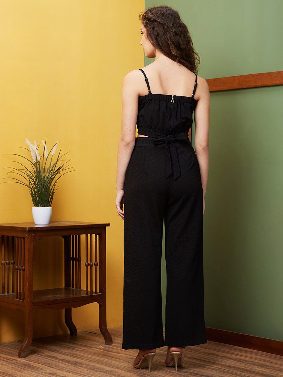 Women Black Textured Strappy Crop Top and Pants Co-Ords