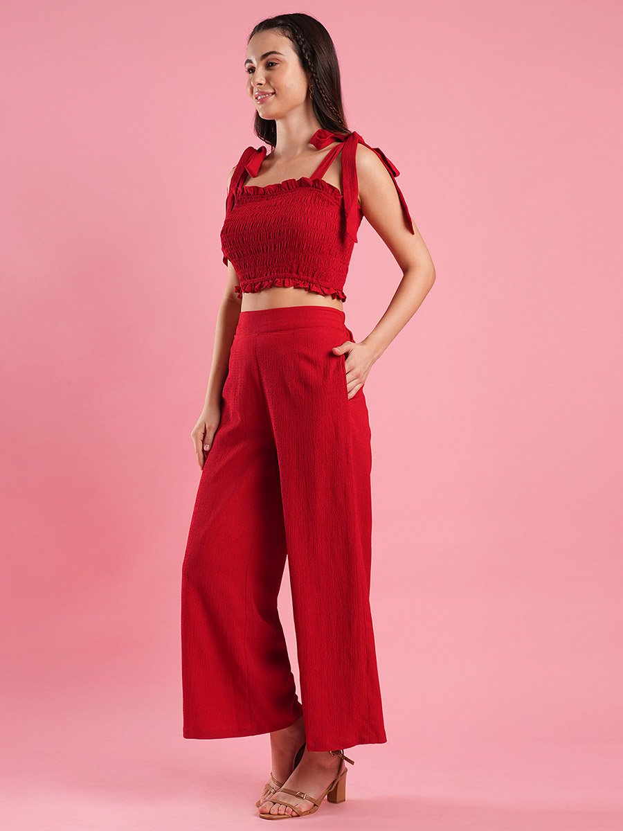 Smocked Detail Strappy Crop Top and Elasticated Waistband Trousers Co-Ords