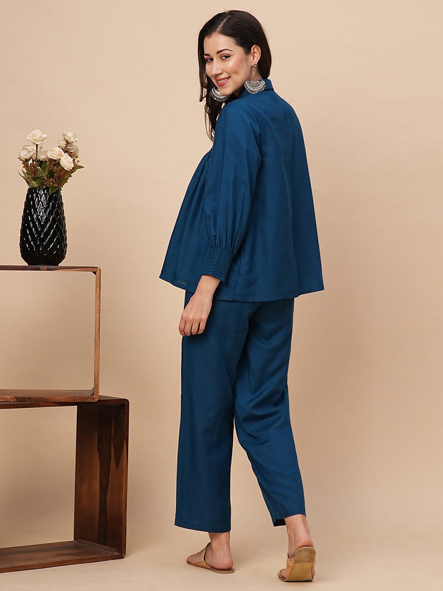 Solid Smocked Detail Buttoned Shirt and Trousers Co-Ords