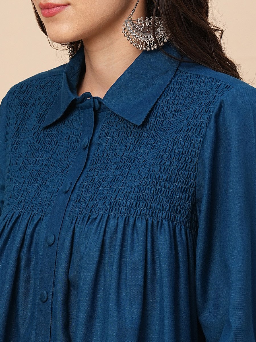 Solid Smocked Detail Buttoned Shirt and Trousers Co-Ords