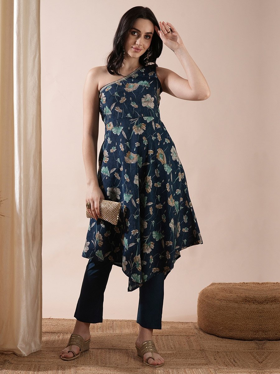 Floral Print One Shoulder Asymmetric Hem A-Line Kurta and Pants Co-Ords