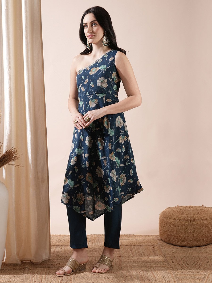 Floral Print One Shoulder Asymmetric Hem A-Line Kurta and Pants Co-Ords