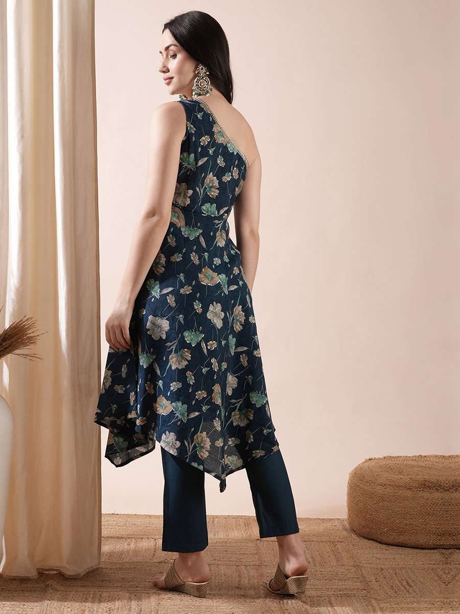 Floral Print One Shoulder Asymmetric Hem A-Line Kurta and Pants Co-Ords