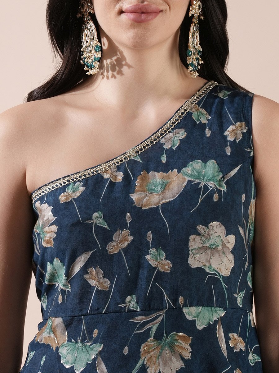 Floral Print One Shoulder Asymmetric Hem A-Line Kurta and Pants Co-Ords