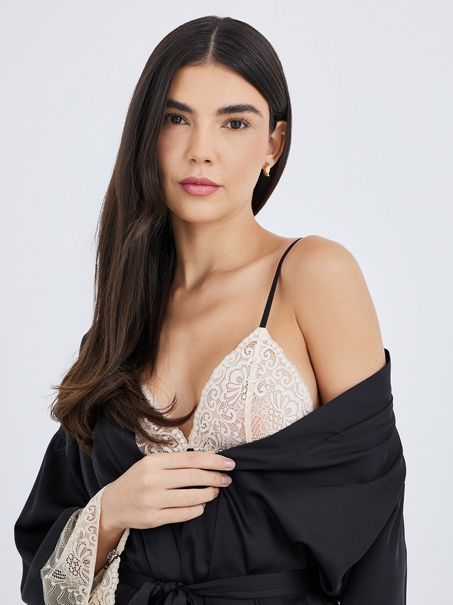 Contrast Lace Insert Satin Slip Dress with Robe Set