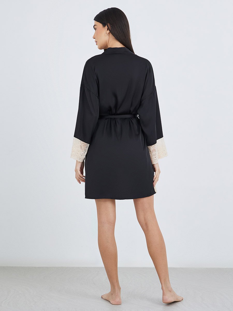 Contrast Lace Insert Satin Slip Dress with Robe Set