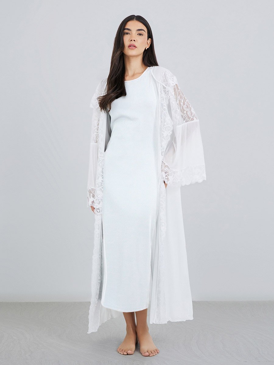 Hooded Mesh and Lace Detail Maxi Robe For Women at UAE | Styli