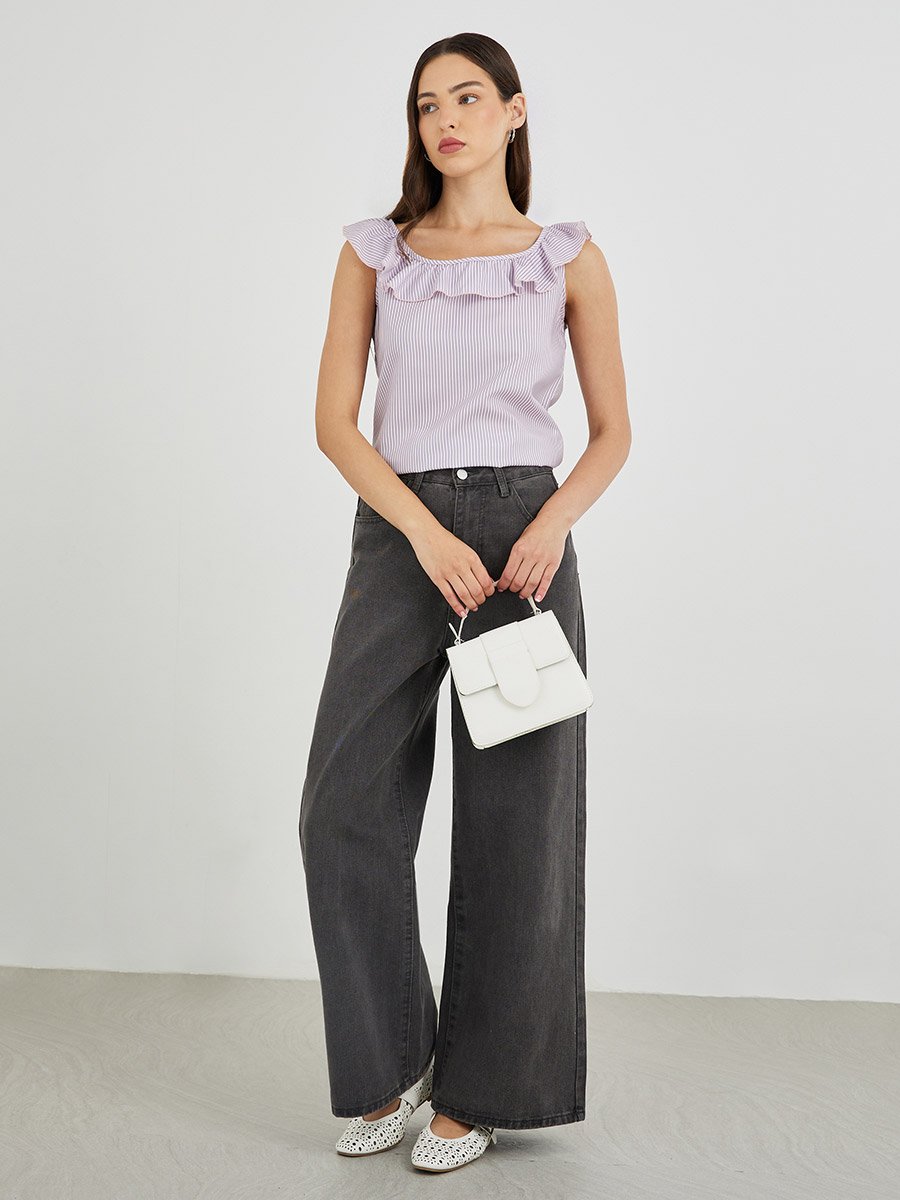 Striped Ruffled Neckline Sleeveless Top