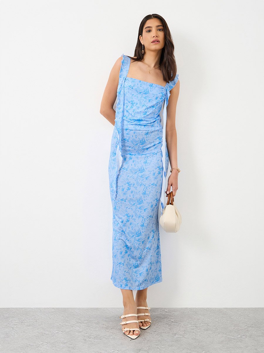 Printed Ruffled Strappy Bodycon Midi Dress