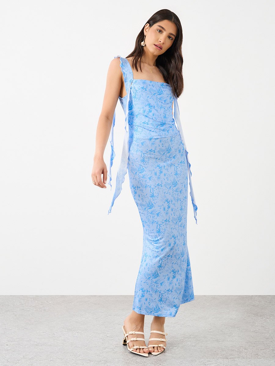 Printed Ruffled Strappy Bodycon Midi Dress