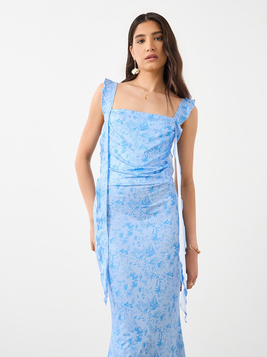 Printed Ruffled Strappy Bodycon Midi Dress