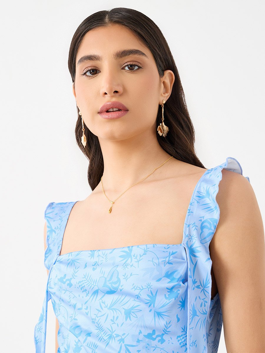Printed Ruffled Strappy Bodycon Midi Dress