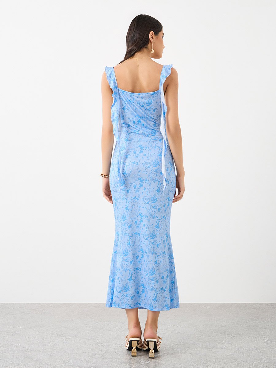 Printed Ruffled Strappy Bodycon Midi Dress