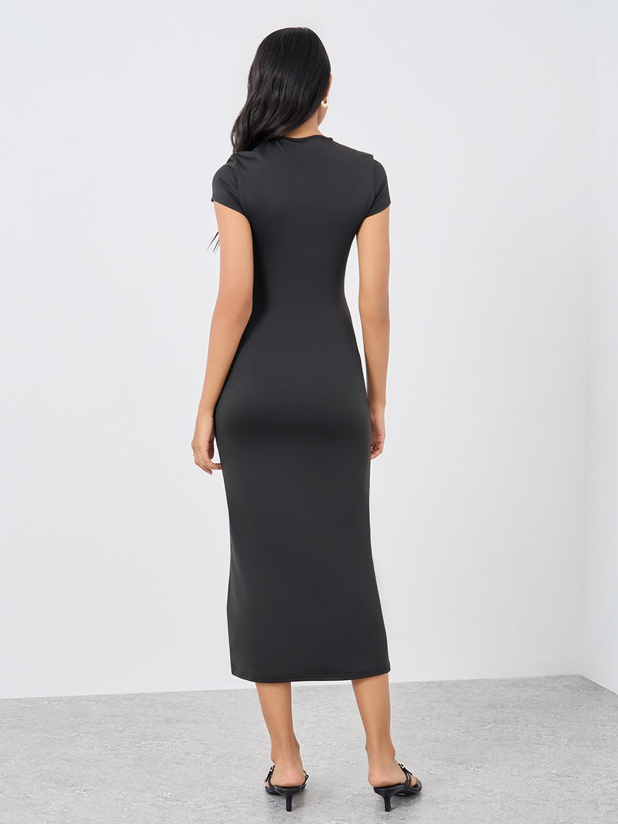 Solid Black Short Sleeve Midi Dress For Women at Saudi | Styli Solid Black Short Sleeve Midi Dress For Women at Saudi | Styli
