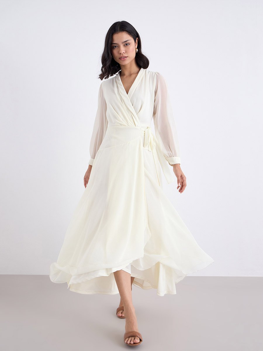Off White Tie Waist Wrap Midi Dress For Women at Kuwait | Styli