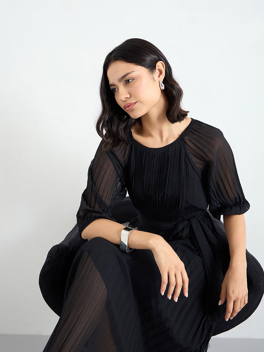 Pleated Balloon Sleeves A-Line Maxi Dress