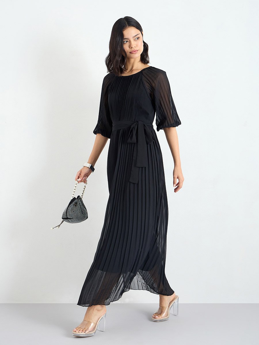 Pleated Balloon Sleeves A-Line Maxi Dress