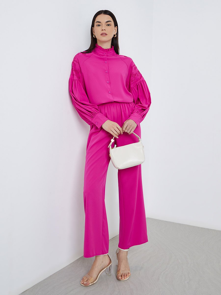 Pink Embroidered Panel Shirt and Pants Co-Ords
