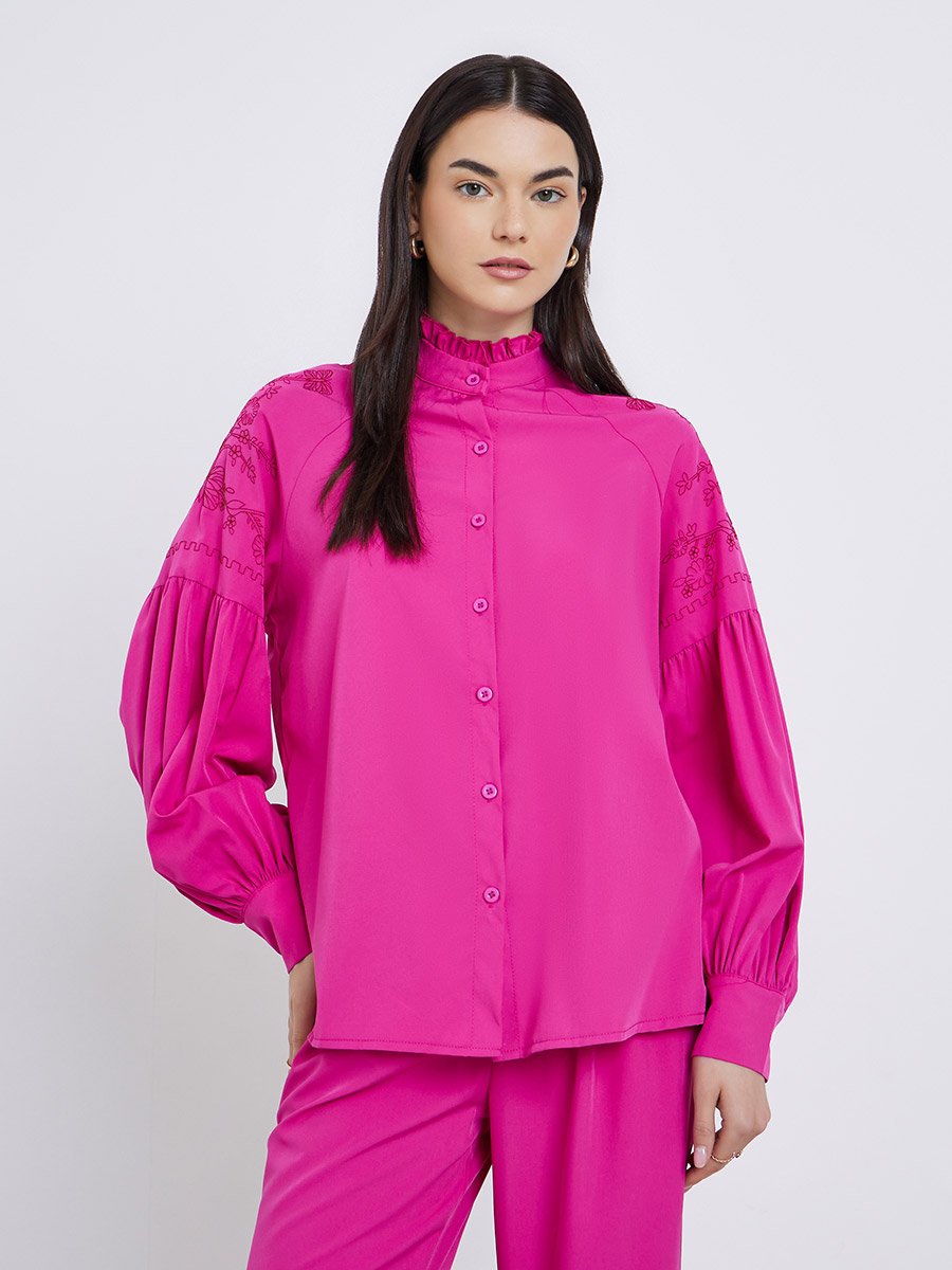 Pink Embroidered Panel Shirt and Pants Co-Ords