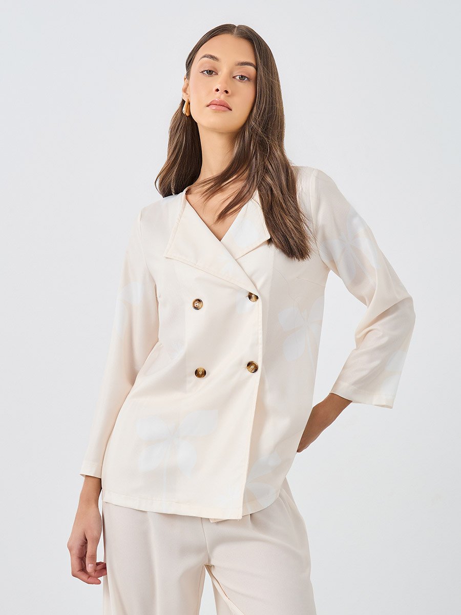 Cream Floral Print Collared Shirt and Trouser Modest Set