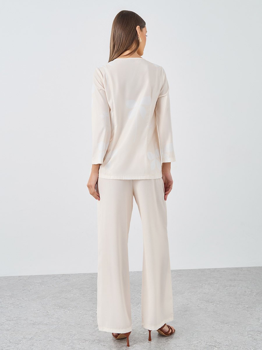 Cream Floral Print Collared Shirt and Trouser Modest Set
