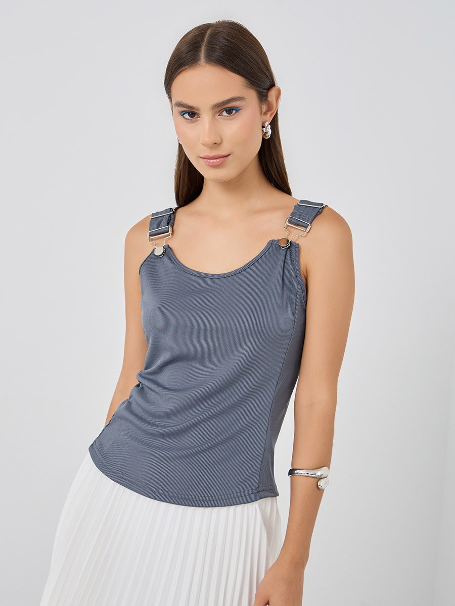 Solid Buckle Detail Strappy Tank Top