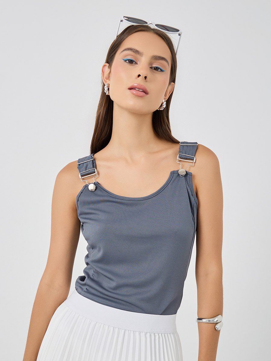 Solid Buckle Detail Strappy Tank Top