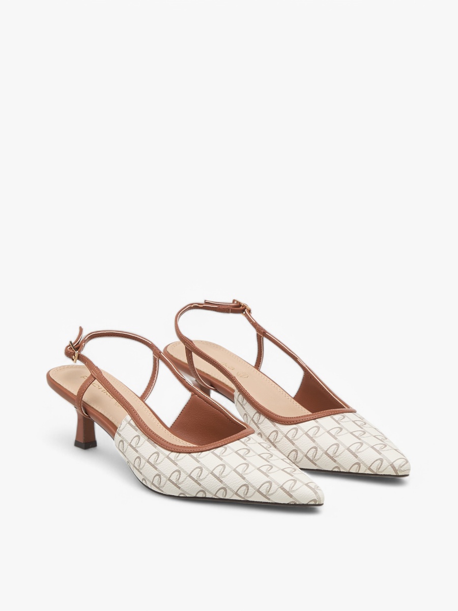 Monogram Print Slingback Shoes with Kitten Heels and Buckle Closure