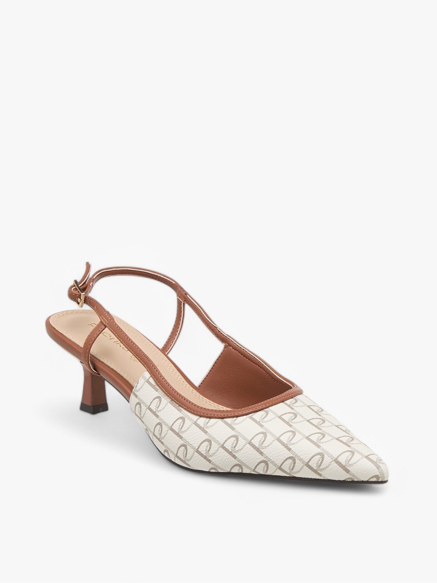 Monogram Print Slingback Shoes with Kitten Heels and Buckle Closure