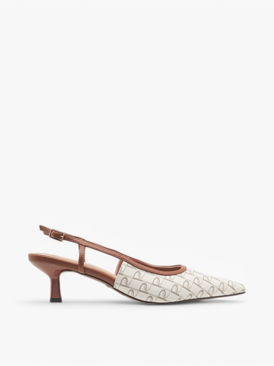 Monogram Print Slingback Shoes with Kitten Heels and Buckle Closure