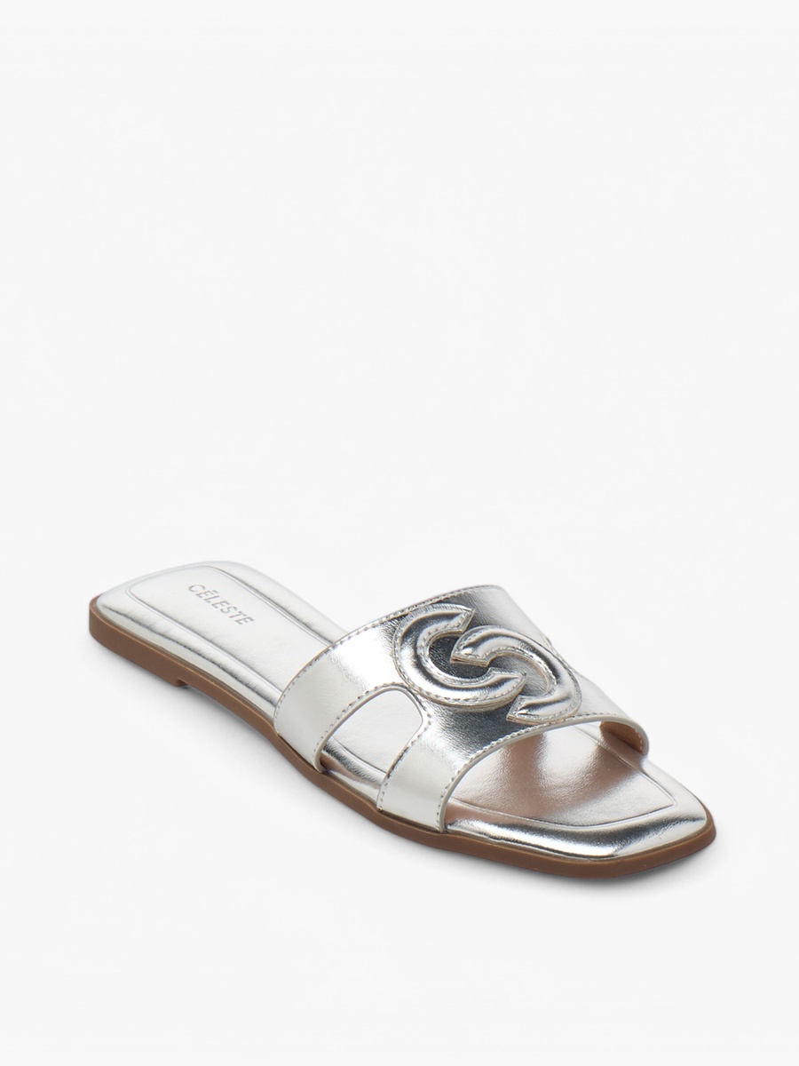 Metallic Logo Embossed Slip-On Sandals