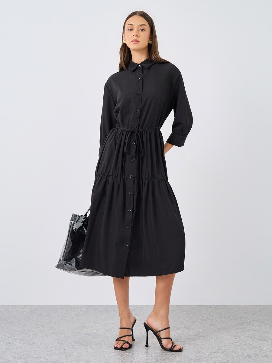 Black Button Down Spread Collar Midi Dress For Women at UAE | Styli Black Button Down Spread Collar Midi Dress For Women at UAE | Styli