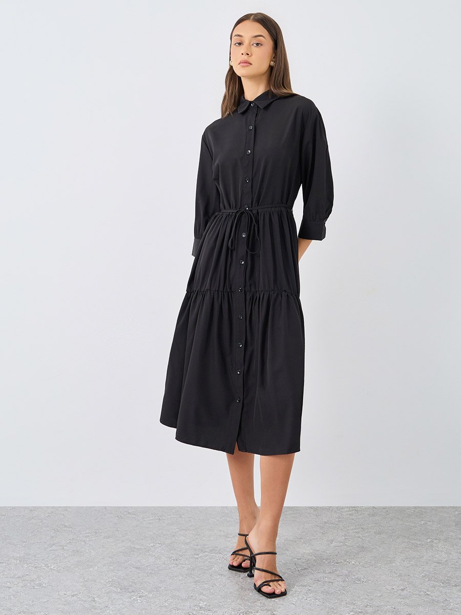 Black Button Down Spread Collar Midi Dress