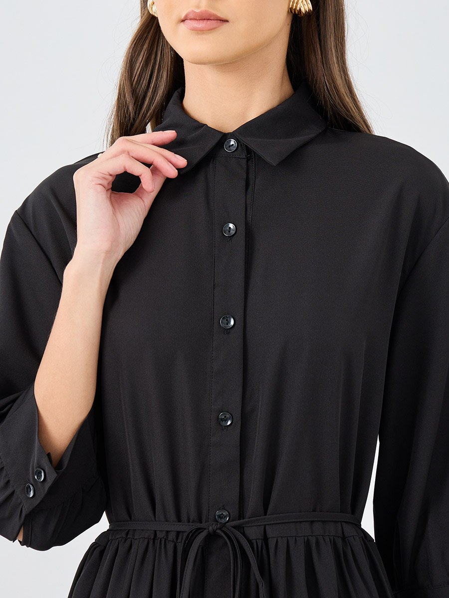 Black Button Down Spread Collar Midi Dress For Women at UAE | Styli Black Button Down Spread Collar Midi Dress For Women at UAE | Styli